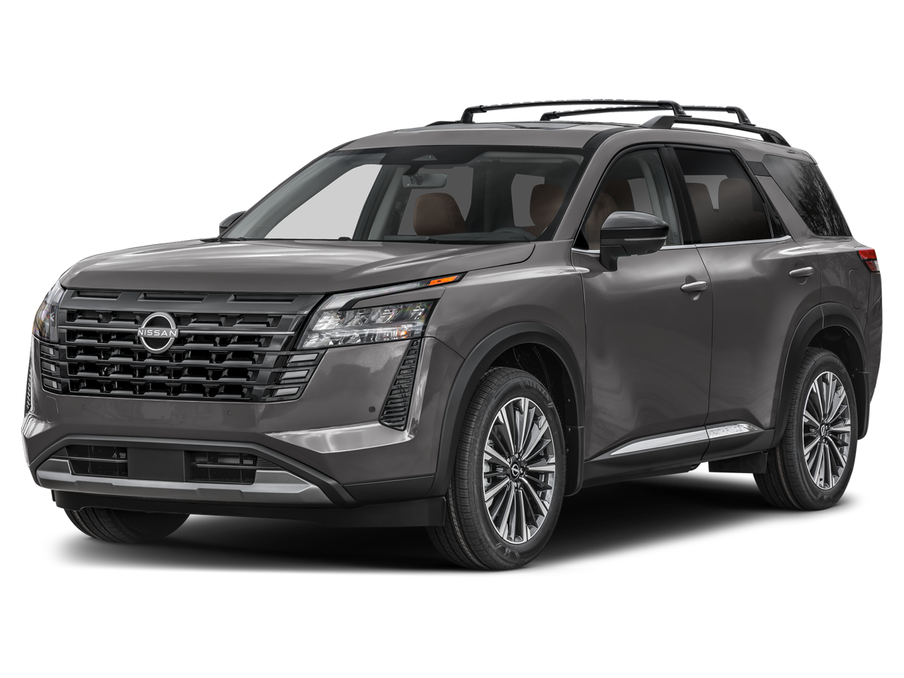 2026 Nissan Pathfinder Platinum in Gun Metallic — front three-quarter view